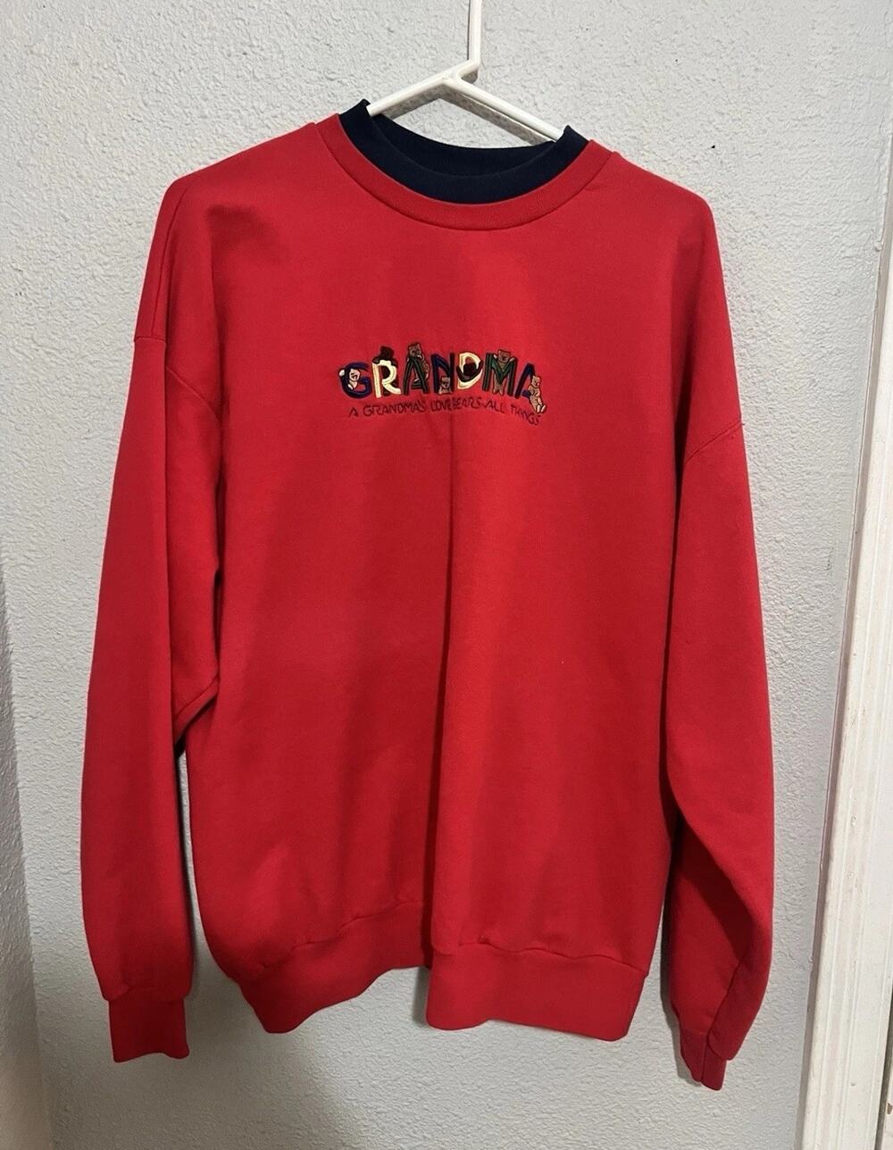 Vintage Grandma Sweatshirt Red Embroidered Teddy Bears Crewneck 90s USA XL